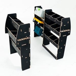 OS side angle top view of the VW Caddy 2004-2020 SWB Hexaboard Triple Van Racking System with x3 Toolbox Shelves - displaying toolboxes