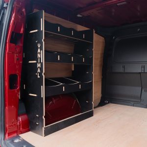 Rear van side angle view of the VW Caddy Cargo 2021- NS Rear Hexaboard Van Racking