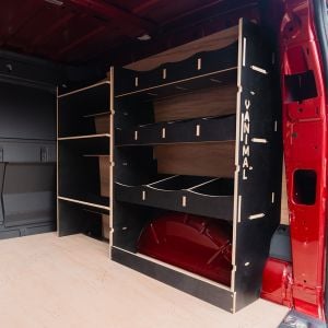 Rear van side angle view of the VW Caddy Cargo 2021- Driver Side Hexaboard Van Racking with Toolbox Shelving