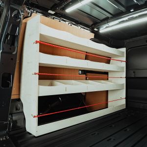 Rear van side angle view of the VW Caddy Cargo Maxi 2021- NS Full Length passenger-Side Van Racking