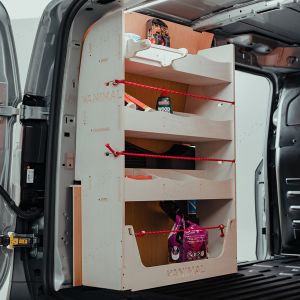 Rear side angle view of the Mercedes Citan 2012-2021 SWB NS Rear Racking with Multi-Compartment Shelving