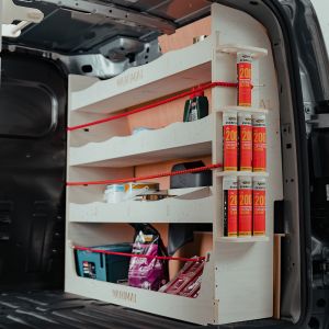 Rear side angle view of the Mercedes Citan 2012-2021 SWB Driver Side Rack with Multi-Compartment Shelving