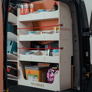 Rear van side angle view of the Mercedes Citan 2012-2021 LWB OS Rear Ply Racking with Multi-Compartment Shelving