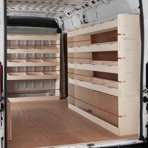 OS side view of the Citroen Relay 2006- LWB OS Rear, Middle and Full-Width Bulkhead Ply Racking (3-Pack)