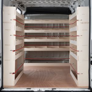Rear van view of Peugeot Boxer LWB Double Rear and Full-Width Bulkhead Ply Racking (3-Pack)