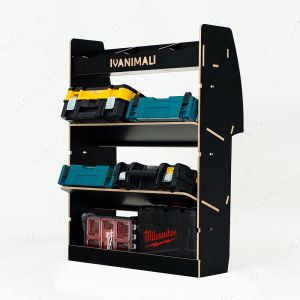 Side angle view of the Transit Connect 2014-2024 LWB Hexaboard Front Toolbox Van Racking with x2 Shelves - displayed with toolboxes