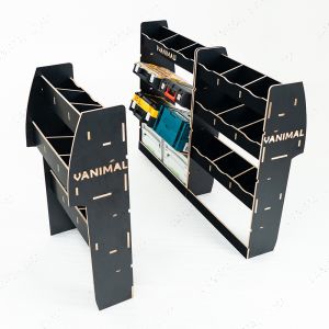 OS side angle top view of the Ford Transit Connect 2014-2024 LWB Hexaboard Triple Van Racking System with x2 Toolbox Shelves - displaying toolboxes