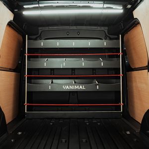 Rear van view of the Ford Transit Connect 2024- Full-Width Bulkhead Hexaboard Van Racking

