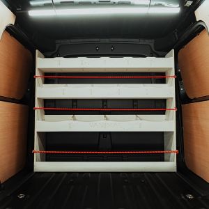 Rear van view of the Ford Transit Connect 2024- Full-Width Bulkhead Multi-Compartment Van Racking
