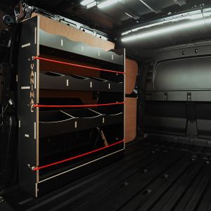 Rear van side angle view of the Ford Transit Connect LWB 2024- NS Rear Hexaboard Van Racking
