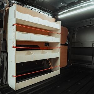 Rear van side angle view of the VW Caddy Cargo Maxi 2021- NS Rear Multi-Compartment Van Racking
