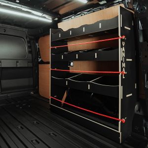 Rear van side angle view of the VW Caddy Cargo Maxi 2021- PHEV OS Rear Hexaboard Van Racking