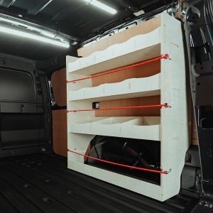 Rear van side angle view of the Transit Connect LWB 2024- PHEV OS Rear Multi-Compartment Van Racking

