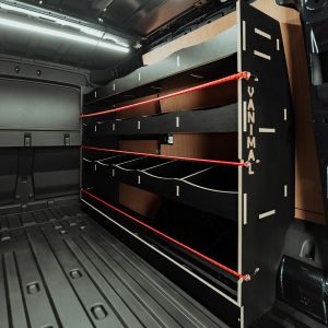 Rear van side angle view of the VW Caddy Cargo Maxi 2021- OS Full Driver-Side Hexaboard Van Racking
