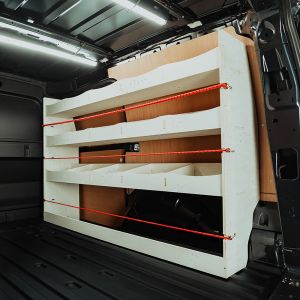 Rear van side angle view of the Ford Transit Connect LWB 2024- OS Full Length Driver-Side Van Racking