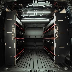 Rear van view of the Ford Transit Connect LWB 2024- Hexaboard NS Rear + Full Driver-Side Van Racking
