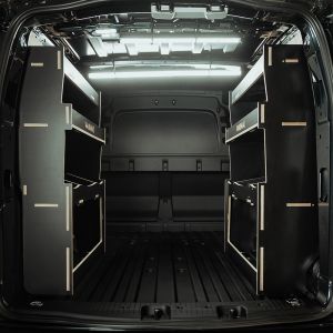 Rear van view of the Ford Transit Connect LWB 2024- Hexaboard Double Rear Ulti-Rack V2 Van Racking
