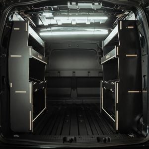 Rear van view of the VW Caddy Cargo Maxi 2021- Hexaboard Double Rear Ulti-Rack V2 Van Racking