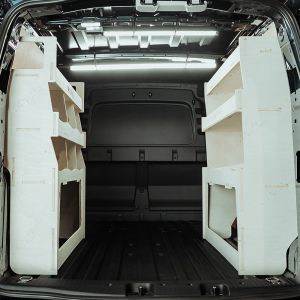 Rear van view of the VW Caddy Cargo Maxi 2021- Rear NS Ulti-Rack + OS Ulti-Rack V2 Van Racking
