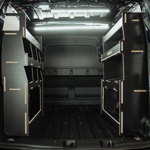 Rear van view of the VW Caddy Cargo Maxi 2021- Hexaboard Rear Ulti-Rack + Ulti-Rack V2 Racking