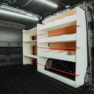 Rear van side angle view of the VW Caddy Cargo Maxi 2021- Driver-Side Van Racking with x3 Toolbox Shelves

