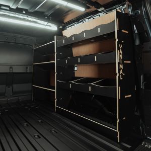 Rear van side angle view of the VW Caddy Cargo Maxi 2021- Hexaboard Driver-Side Racking x3 Toolbox Shelves
