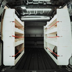 Rear van view of the VW Caddy Cargo Maxi 2021- Triple Van Racking System (Multi-Compartment)