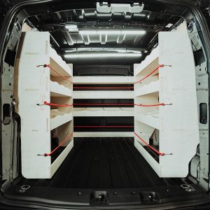 Rear van view of the Ford Transit Connect LWB 2024- Double Rear + Full-Width Bulkhead Van Racking