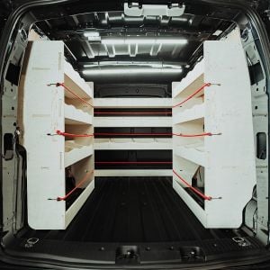 Rear van view of the VW Caddy Cargo Maxi 2021- Double Rear + Full-Width Bulkhead Van Racking