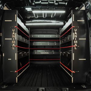 Rear van view of the Ford Transit Connect LWB 2024- Double Rear + Full-Width Bulkhead Van Racking