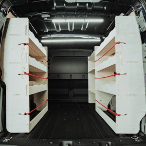 Rear van view of the VW Caddy Cargo Maxi 2021- Triple Van Racking System with x3 Toolbox Shelves