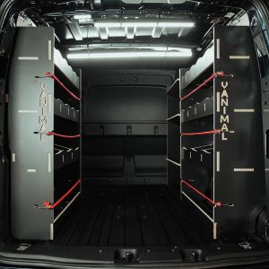 Rear van view of the VW Caddy Cargo Maxi 2021- Hexaboard Triple Van Racking with Toolbox Shelves
