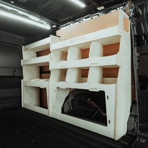 Rear van side angle view of the Ford Transit Connect LWB 2024- Driver Side Ulti-Rack Van Racking V3