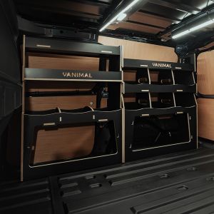 Side van angle view of the VW Caddy Cargo Maxi 2021- Hexaboard Driver Side Ulti-Rack Van Racking V3