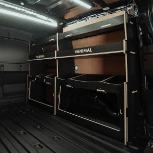 Rear van side angle view of the VW Caddy Cargo Maxi 2021- Hexaboard Driver Side Ulti-Rack Van Racking V4