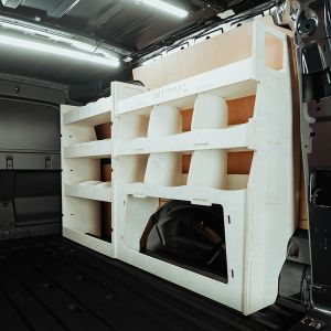 Rear van side angle view of the VW Caddy Cargo Maxi 2021- Driver-Side Van Racking inc Ulti-Rack
