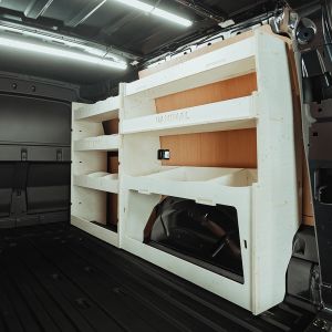 Rear van side angle view of the VW Caddy Cargo Maxi 2021- Driver-Side Van Racking inc Ulti-Rack V2
