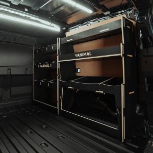 Rear van side angle view of the VW Caddy Cargo Maxi 2021- Hexaboard Driver-Side Racking inc Ulti-Rack V2
