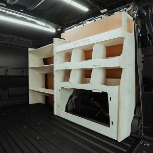 Rear van side angle view of the VW Caddy Cargo Maxi 2021- Driver-Side Van Shelving inc Rear Ulti-Rack