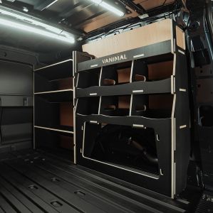 Rear van side angle view of the VW Caddy Cargo Maxi 2021- Hexaboard Driver-Side Shelving inc Rear Ulti-Rack