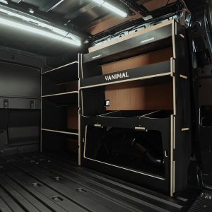 Rear van side angle view of the Ford Transit Connect LWB 2024- Hexaboard Driver-Side Shelving + Ulti-Rack V2