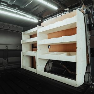 Rear van side angle view of the Ford Transit Connect LWB 2024- Driver-Side Van Racking inc Front Ulti-Rack V2