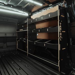 Rear van side angle view of the Ford Transit Connect LWB 2024- Hexaboard Driver-Side Racking inc Front Ulti-Rack V2
