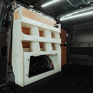 Rear van side angle view of the VW Caddy Cargo Maxi 2021- NS Rear Ulti-Rack Van Racking
