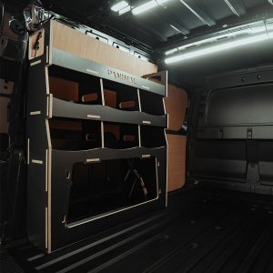 Rear van side angle view of the Ford Transit Connect LWB 2024- NS Rear Ulti-Rack Hexaboard Van Racking
