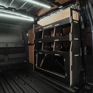 Rear van side angle view of the VW Caddy Cargo Maxi 2021- OS Rear Ulti-Rack Hexaboard Van Racking