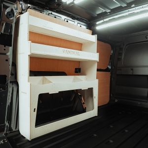 Rear van side angle view of the Ford Transit Connect LWB 2024- NS Rear Ulti-Rack Van Racking V2
