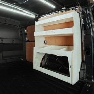 Rear van side angle view of the VW Caddy Cargo Maxi 2021- OS Rear Ulti-Rack Van Racking V2