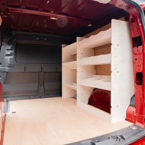 Rear van side angle view of the Ford Transit Connect SWB 2024- Driver Side Van Racking: Compartments & Angled Shelves
