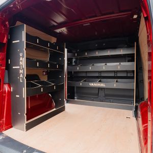 NS rear van side angle view of the Ford Transit Connect SWB 2024- NS Rear and Full-Width Bulkhead Hexaboard Van Racking